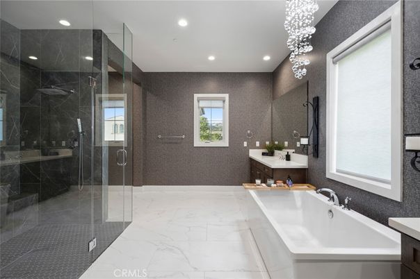 Bathroom, Dual Sink Vanities, Glass Shower, Interior, Marble, Pendant Lights, Recessed Lighting