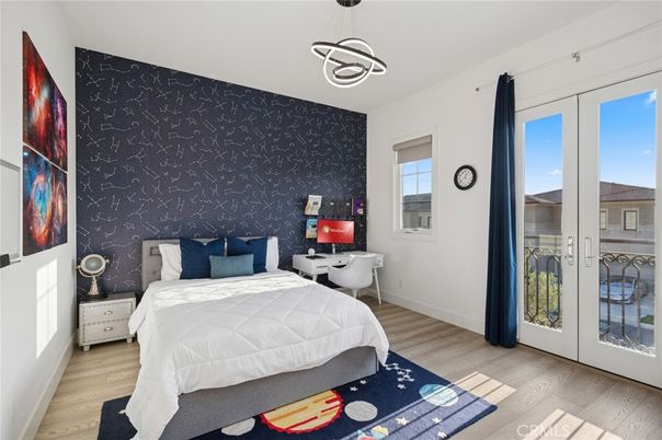 Bedroom, Interior, Pendant Lights, Wood Texture Flooring