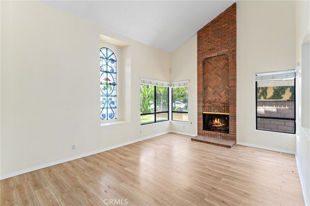 Empty room, Fireplace, Interior, Stone Walls, Wood Texture Flooring