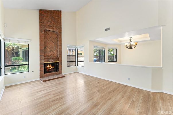 Chandelier, Empty room, Fireplace, Interior, Wood Texture Flooring