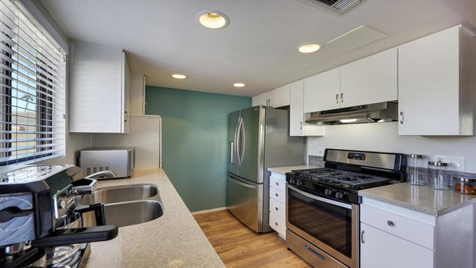 Interior, Kitchen, Recessed Lighting, Stainless Steel Appliances, Wood Texture Flooring