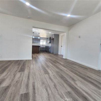 Empty room, Interior, Kitchen, Pendant Lights, Recessed Lighting, Wood Texture Flooring