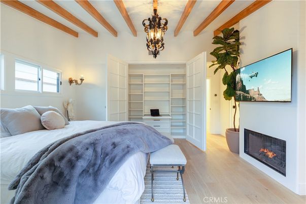Bedroom, Chandelier, Fireplace, Interior, Wooden Beams, Wood Texture Flooring