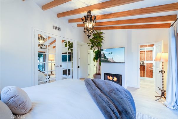 Bedroom, Chandelier, Fireplace, Interior, Wooden Beams, Wood Texture Flooring
