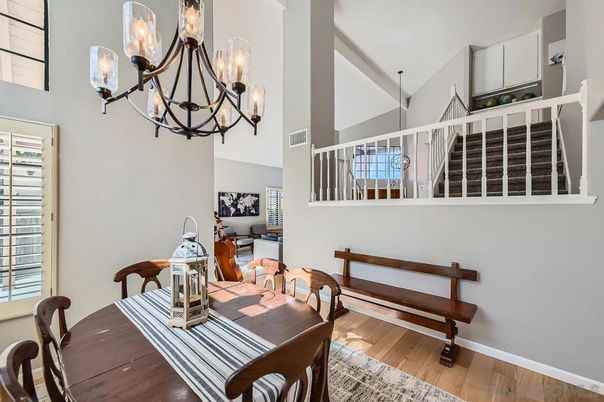 Chandelier, Dining room, Interior, Wood Texture Flooring