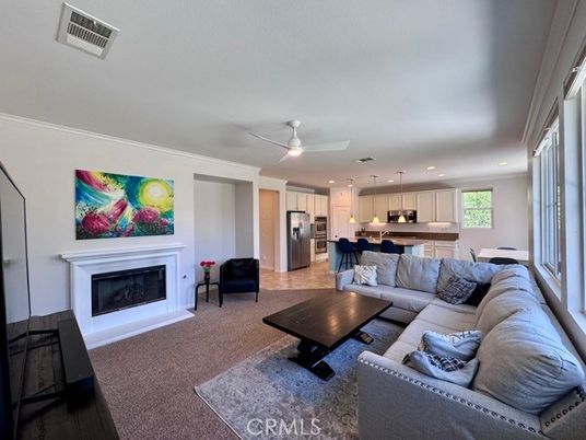 Fireplace, Interior, Kitchen, Living room, Pendant Lights, Recessed Lighting, Stainless Steel Appliances