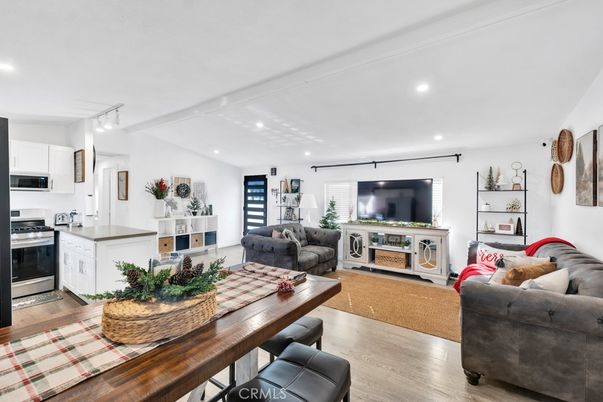 Interior, Kitchen, Living room, Recessed Lighting, Stainless Steel Appliances, Wood Texture Flooring