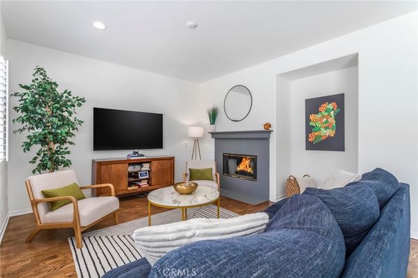 Fireplace, Interior, Living room, Recessed Lighting, Wood Texture Flooring