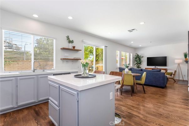 Dining room, Interior, Kitchen, Living room, Recessed Lighting, Wood Texture Flooring