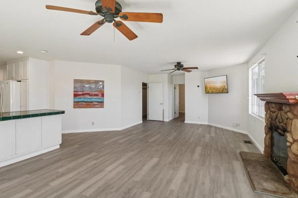 Empty room, Fireplace, Interior, Recessed Lighting, Wood Texture Flooring