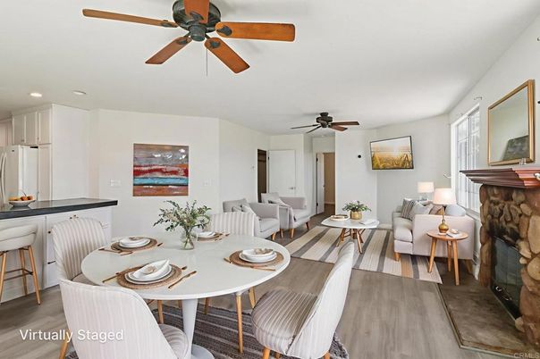 Dining room, Fireplace, Interior, Living room, Recessed Lighting, Wood Texture Flooring