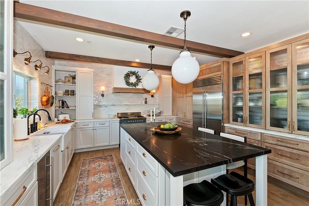 Interior, Kitchen, Pendant Lights, Recessed Lighting, Stainless Steel Appliances, Wooden Beams, Wood Texture Flooring