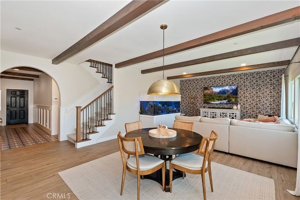 Dining room, Interior, Living room, Pendant Lights, Recessed Lighting, Wooden Beams, Wood Texture Flooring