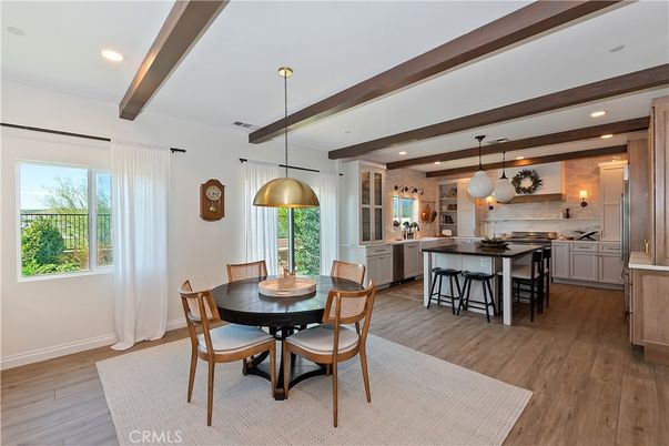 Dining room, Interior, Kitchen, Pendant Lights, Recessed Lighting, Wooden Beams, Wood Texture Flooring