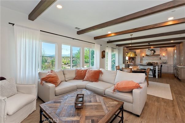 Dining room, Interior, Kitchen, Living room, Pendant Lights, Recessed Lighting, Wooden Beams, Wood Texture Flooring
