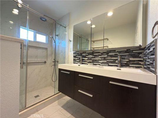 Bathroom, Glass Shower, Interior, Marble Walls, Recessed Lighting