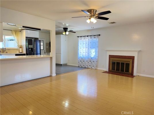 Empty room, Fireplace, Interior, Kitchen, Wood Texture Flooring