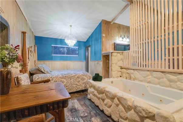 Bedroom, Chandelier, Interior, Wood Texture Flooring, Wooden Walls