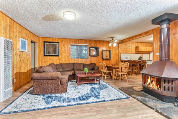 Dining room, Fireplace, Interior, Kitchen, Living room, Wood Texture Flooring, Wooden Walls