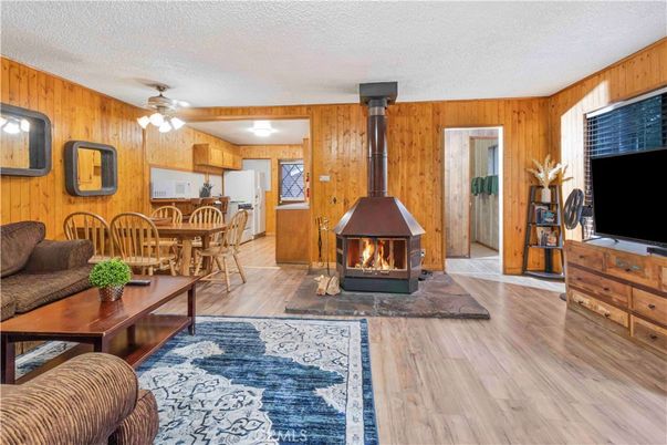 Dining room, Fireplace, Interior, Kitchen, Living room, Wood Texture Flooring, Wooden Walls