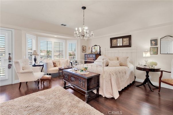 Bedroom, Chandelier, Interior, Living room, Recessed Lighting, Wood Texture Flooring
