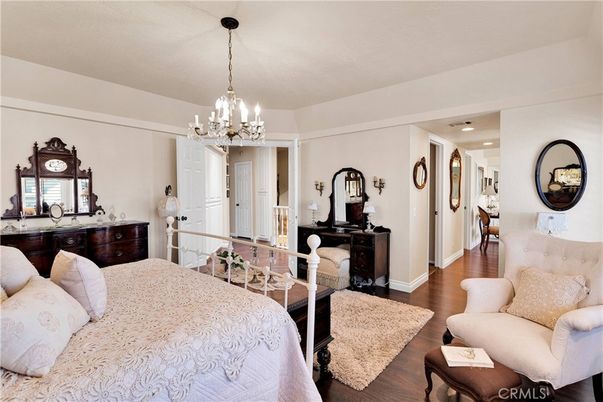 Bedroom, Chandelier, Interior, Recessed Lighting, Wood Texture Flooring