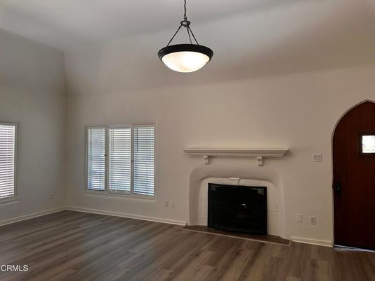 Empty room, Fireplace, Interior, Pendant Lights, Wood Texture Flooring