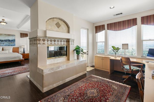 Bedroom, Fireplace, Home Office, Interior, Recessed Lighting, Wood Texture Flooring
