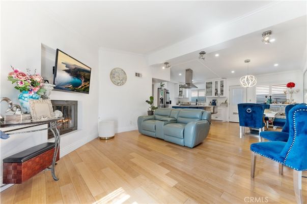 Dining room, Fireplace, Interior, Kitchen, Pendant Lights, Recessed Lighting, Wood Texture Flooring