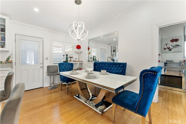 Dining room, Interior, Pendant Lights, Recessed Lighting, Wood Texture Flooring