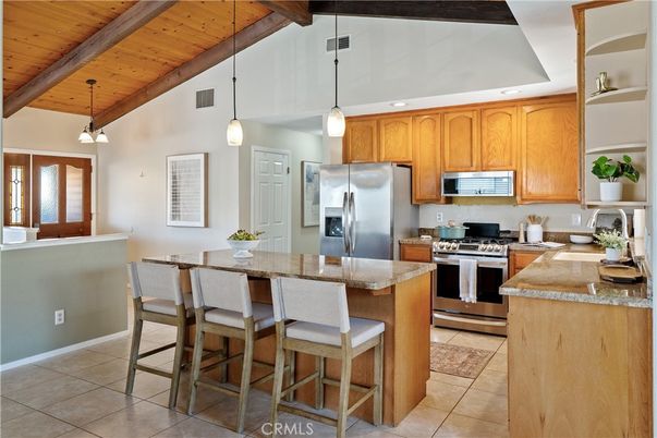 Interior, Kitchen, Pendant Lights, Recessed Lighting, Stainless Steel Appliances, Wooden Beams, Wooden Ceilings