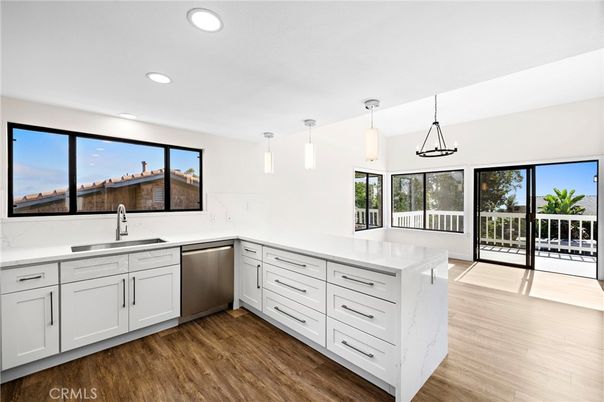 Interior, Kitchen, Pendant Lights, Recessed Lighting, Stainless Steel Appliances, Wood Texture Flooring
