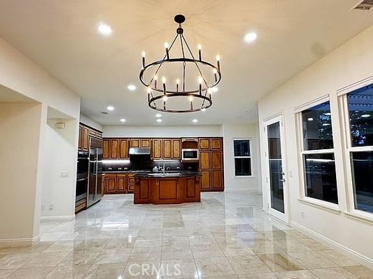 Chandelier, Interior, Kitchen, Recessed Lighting, Stainless Steel Appliances