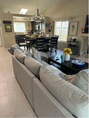 Chandelier, Dining room, Fireplace, Interior, Kitchen, Living room