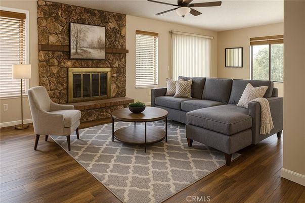 Fireplace, Interior, Living room, Stone Walls, Wood Texture Flooring