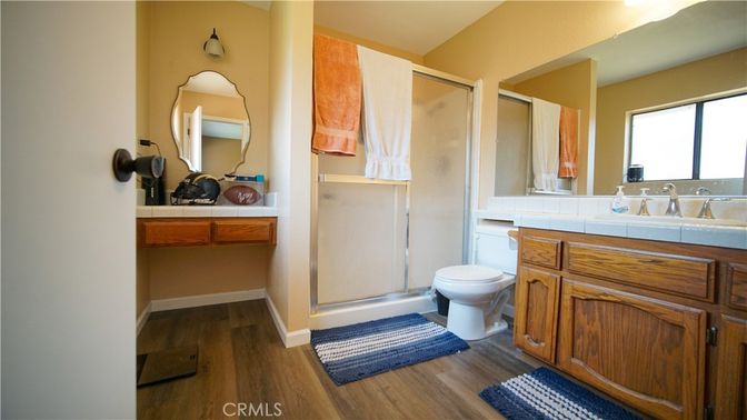 Bathroom, Glass Shower, Interior, Tile Countertops, Wood Texture Flooring