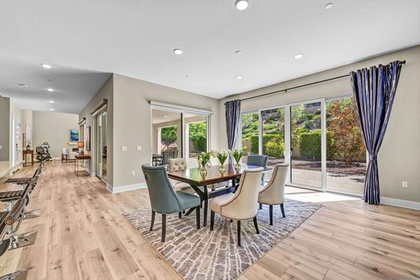 Dining room, Interior, Recessed Lighting, Wood Texture Flooring