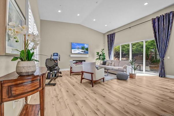 Fireplace, Interior, Living room, Recessed Lighting, Wood Texture Flooring