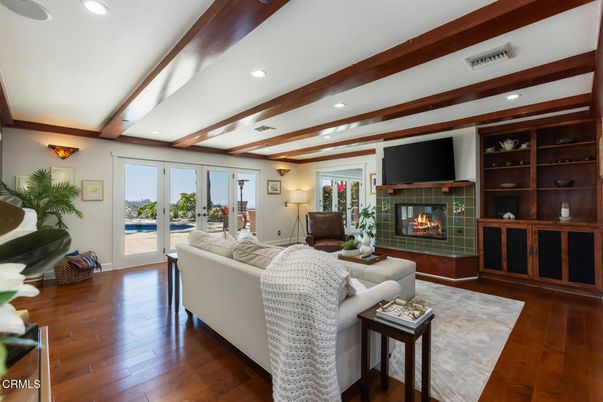 Fireplace, Interior, Living room, Recessed Lighting, Wooden Beams, Wood Texture Flooring