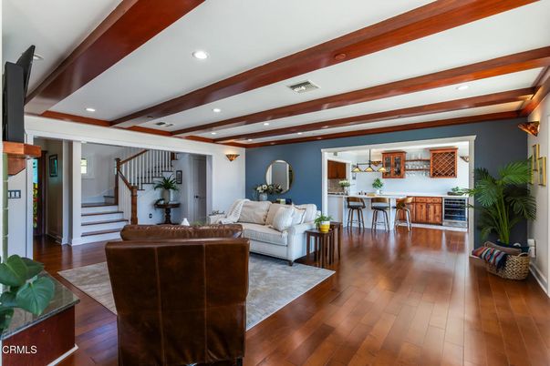 Dining room, Interior, Living room, Recessed Lighting, Wooden Beams, Wood Texture Flooring