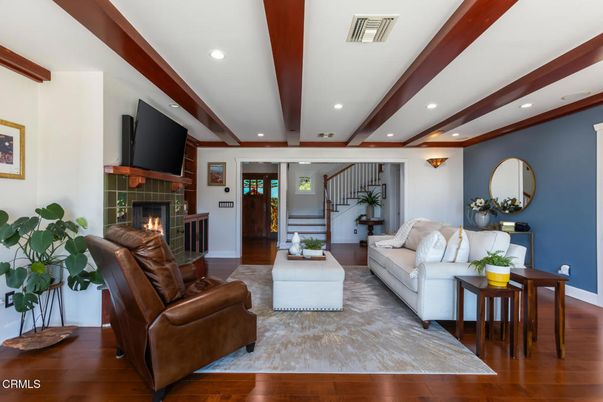 Fireplace, Interior, Living room, Recessed Lighting, Wooden Beams, Wood Texture Flooring