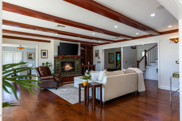 Fireplace, Interior, Living room, Recessed Lighting, Wooden Beams, Wood Texture Flooring