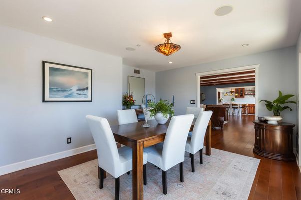 Dining room, Interior, Recessed Lighting, Wood Texture Flooring