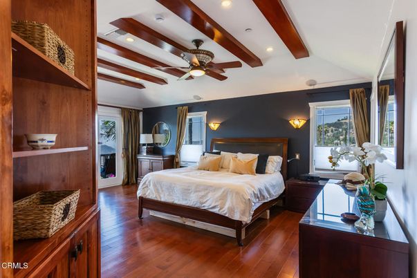 Bedroom, Interior, Recessed Lighting, Wooden Beams, Wood Texture Flooring