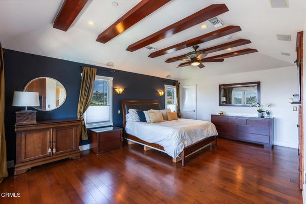 Bedroom, Interior, Recessed Lighting, Wooden Beams, Wood Texture Flooring
