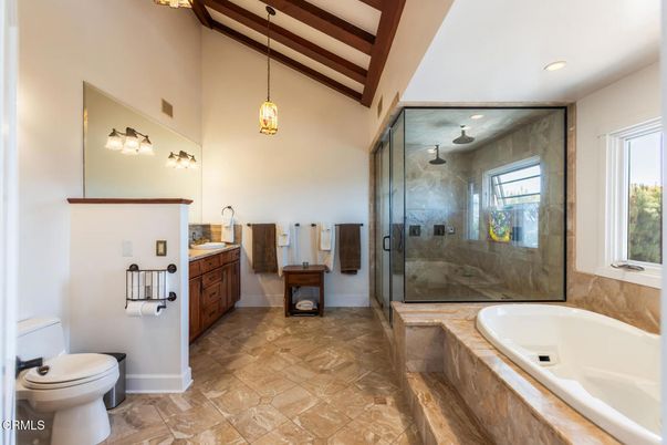 Bathroom, Glass Shower, Interior, Pendant Lights, Recessed Lighting, Wooden Beams