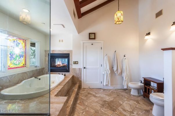 Bathroom, Fireplace, Interior, Pendant Lights