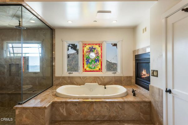 Bathroom, Fireplace, Glass Shower, Interior, Recessed Lighting