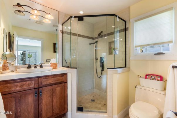 Bathroom, Glass Shower, Interior, Recessed Lighting, Tile Countertops