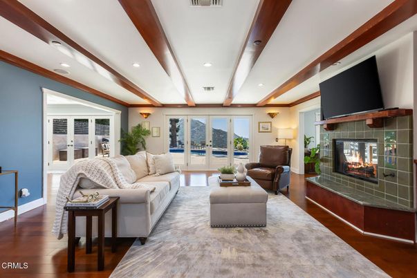 Fireplace, Interior, Living room, Recessed Lighting, Wooden Beams, Wood Texture Flooring